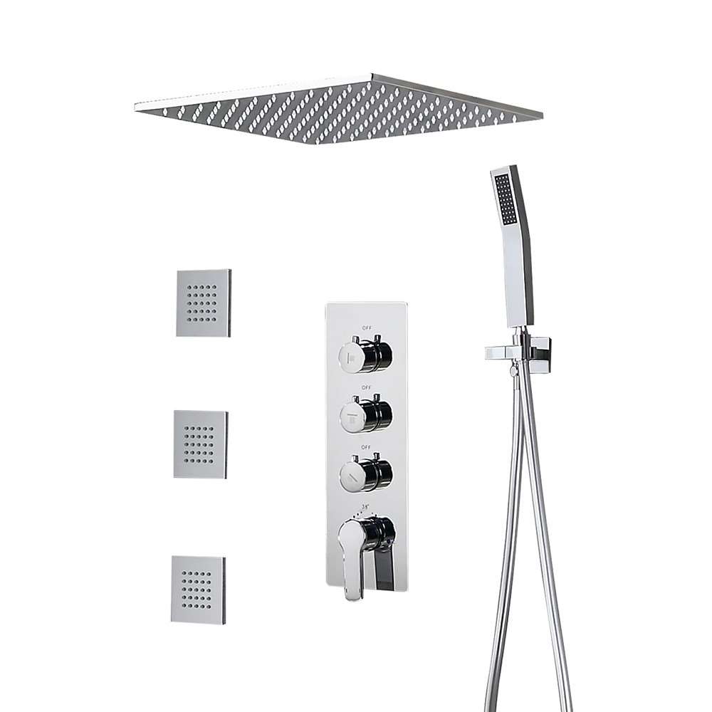 Ceiling-mounted thermostatic rainfall shower with jets and handheld installation planning