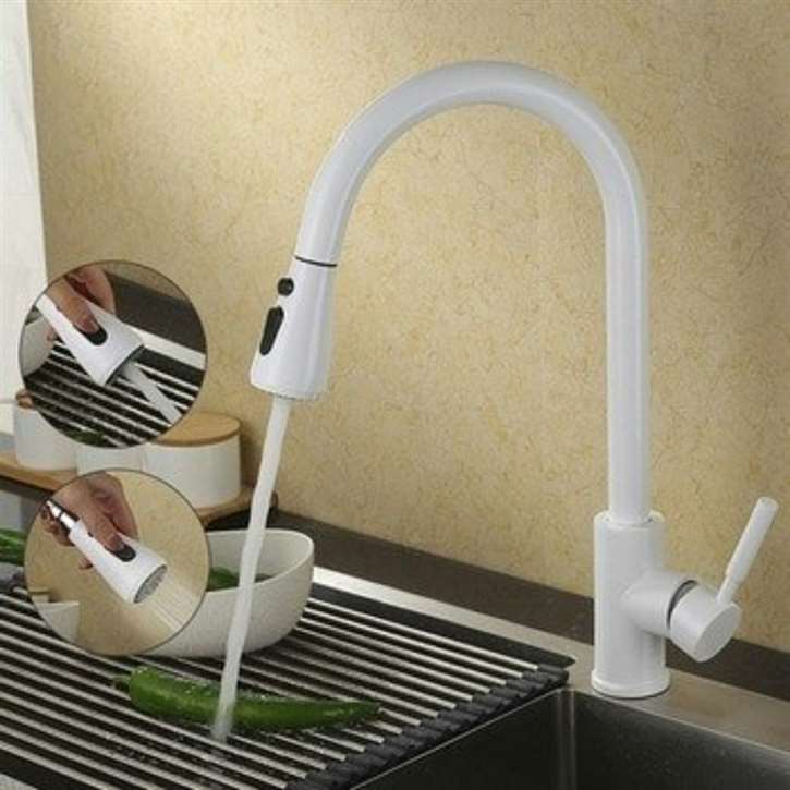 White Kitchen Sink Faucet with Pull Out Sprayer
