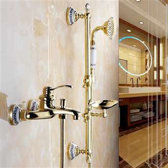 FontanaShowers® Sassari Wall Mount Gold Brass Shower Set With Soap Dish