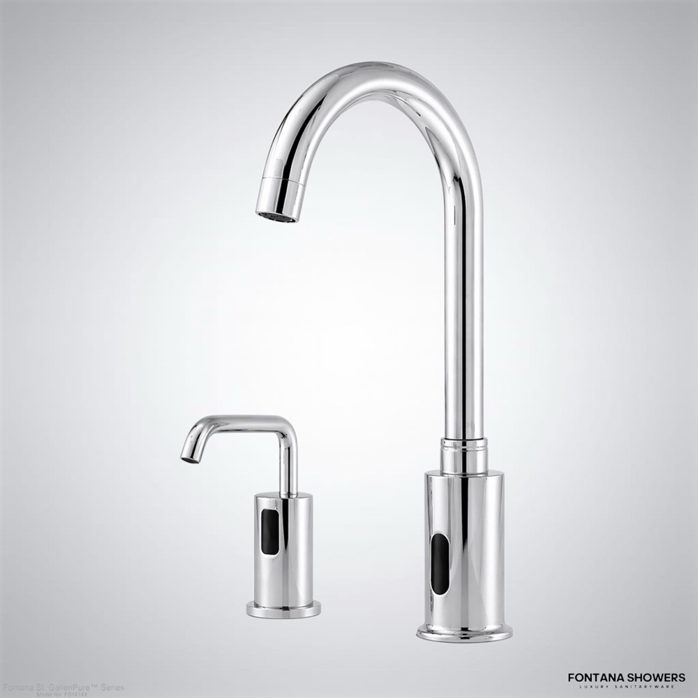 Fontana St. Gallen Chrome Touchless Commercial Motion Sensor Faucet & Automatic No Touch Soap Dispenser for Restrooms