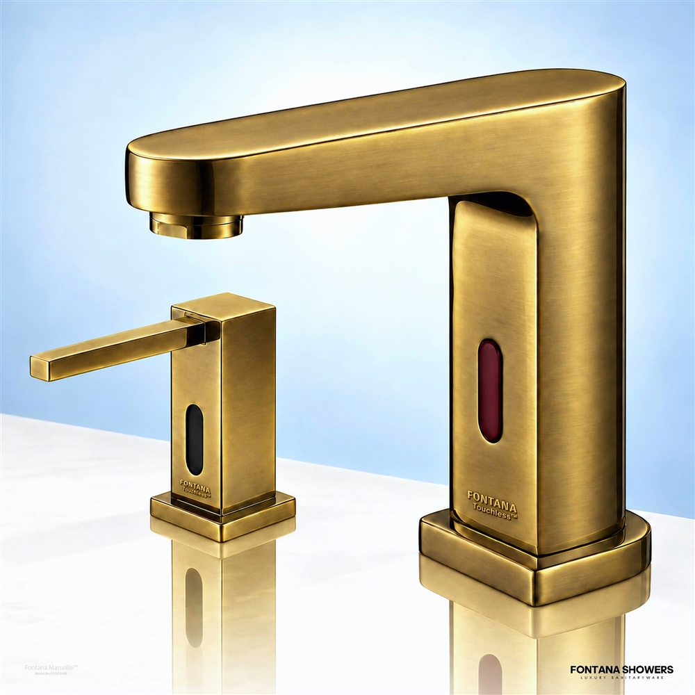 Marseille antique brass faucet and soap dispenser