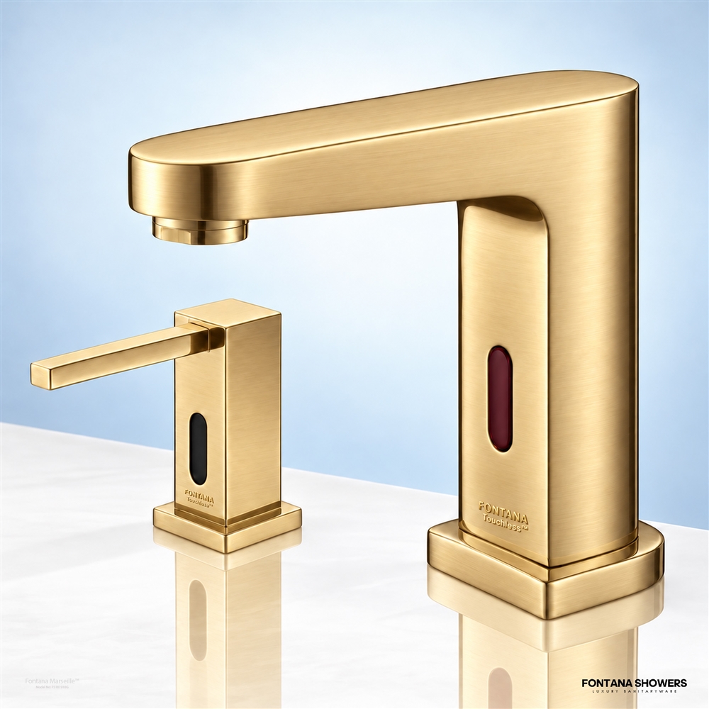 Marseille brushed gold faucet and soap dispenser