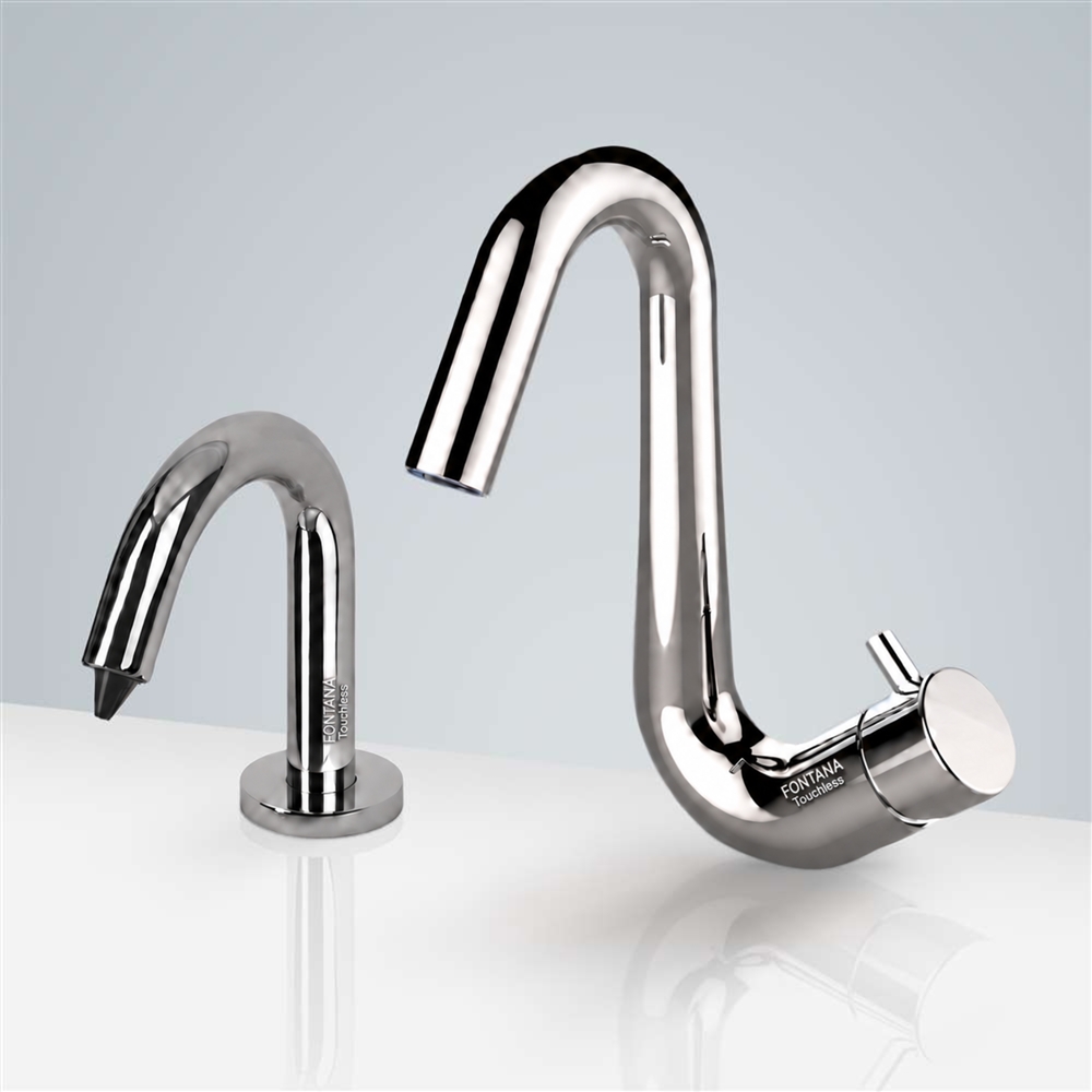Fontana Chatou Gooseneck Automatic Commercial Sensor Faucet & Automatic No Touch Soap Dispenser in Chrome Finish