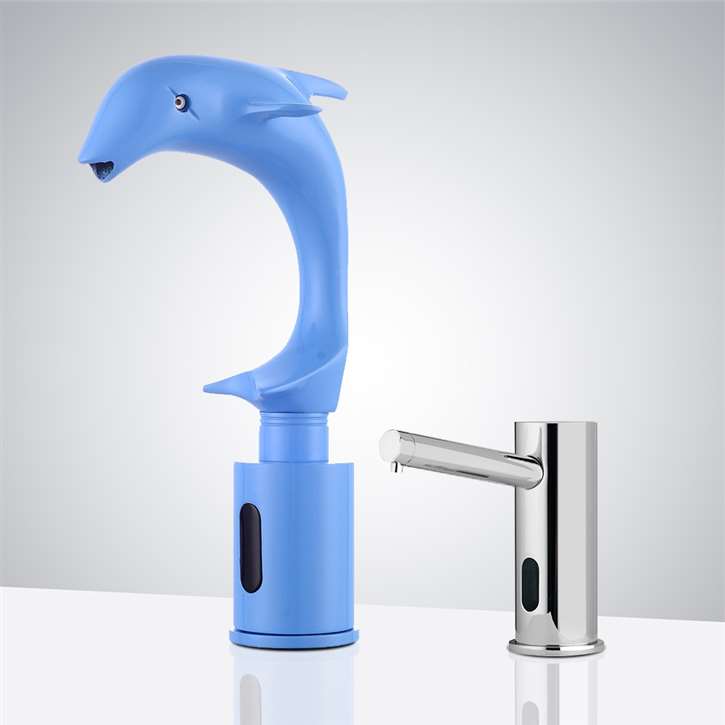 Fontana Austin Blue Painted Solid Brass Dolphin Shaped Automatic Sensor Faucet and Automatic Soap Dispenser in Chrome