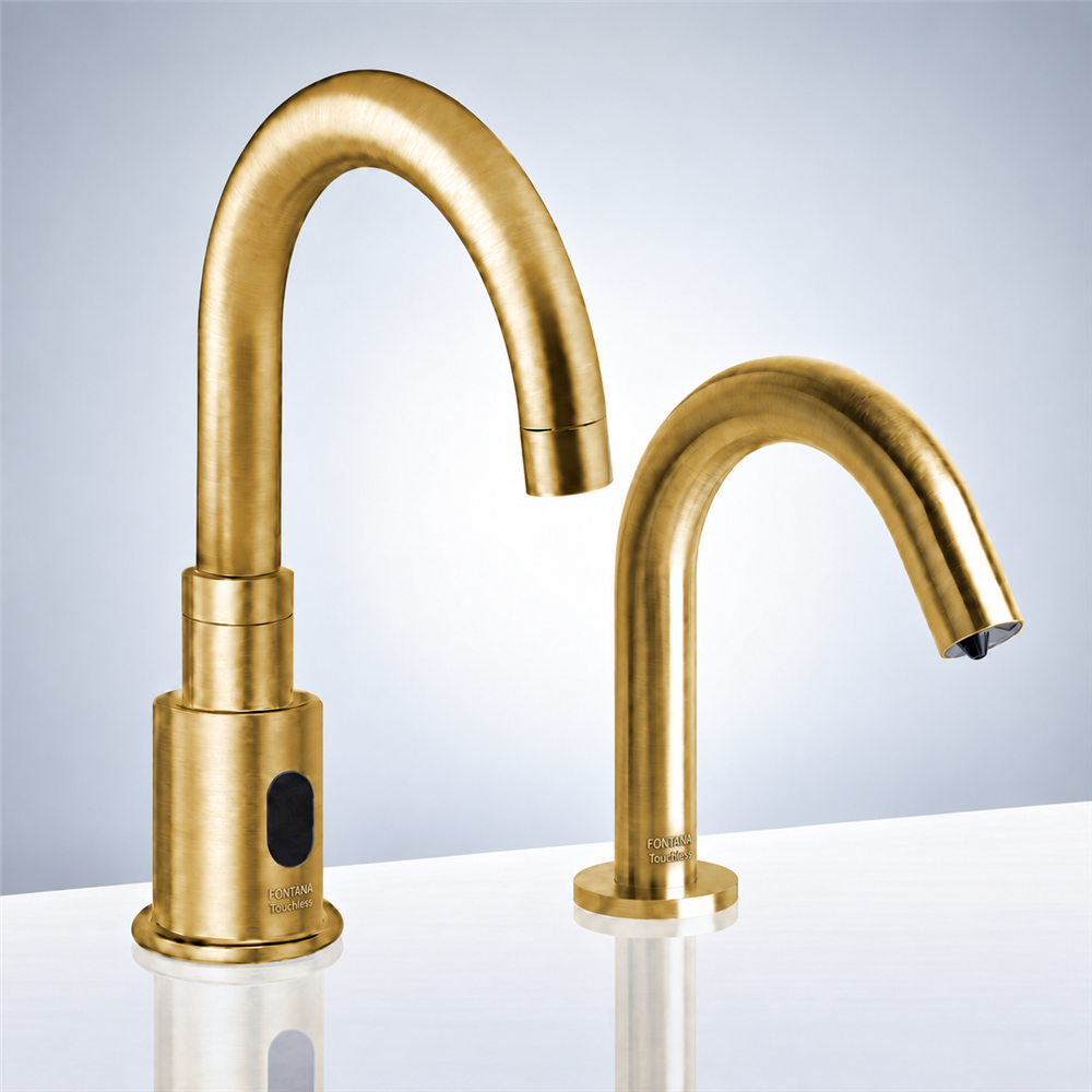FontanaShowers Commercial Automatic Motion Brushed Gold Sensor Faucets with Automatic Soap Dispenser