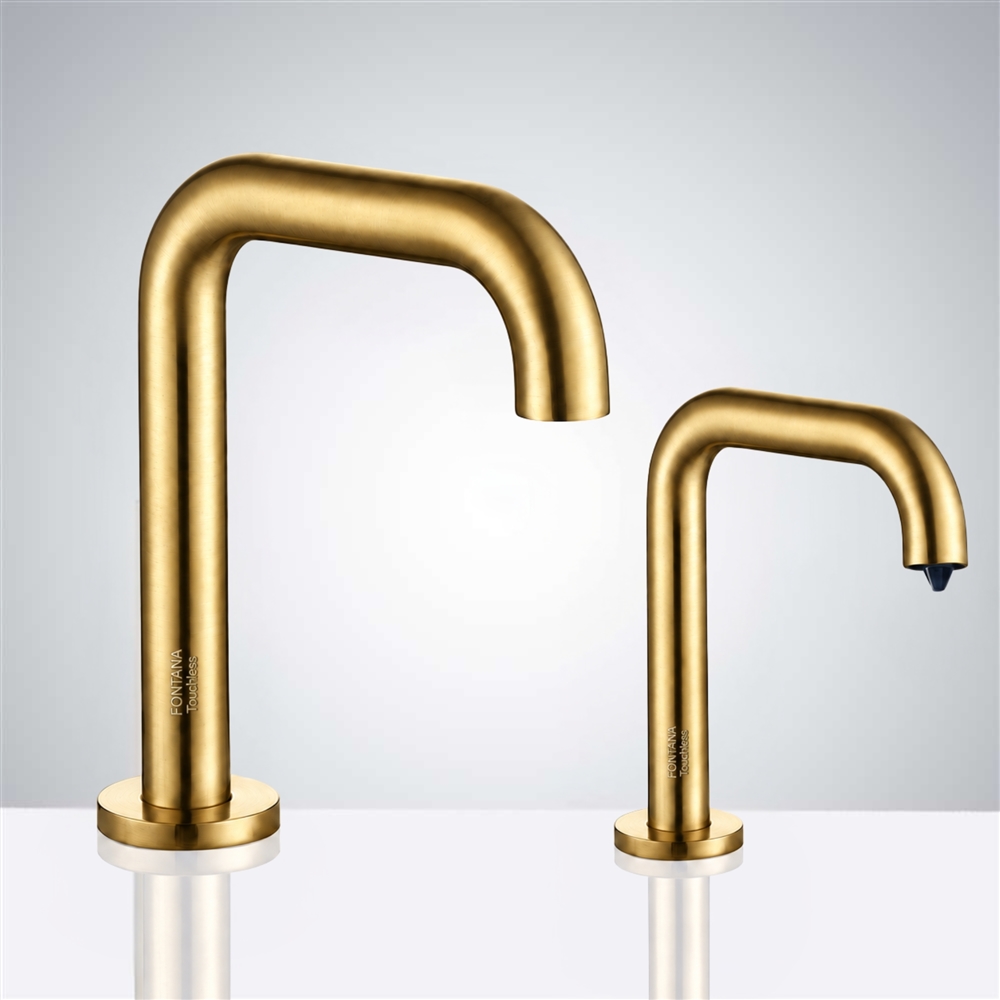 FontanaShowers Commercial Automatic Motion Brushed Gold Sensor Faucets with Automatic Soap Dispenser