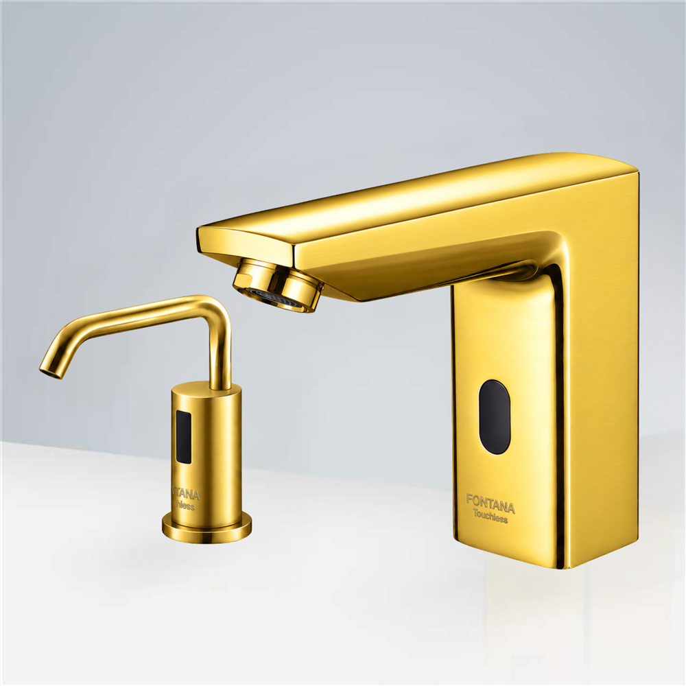 Fontana Lyon Gold Tone Motion Sensor Faucet & Automatic No Touch Soap Dispenser for Restrooms