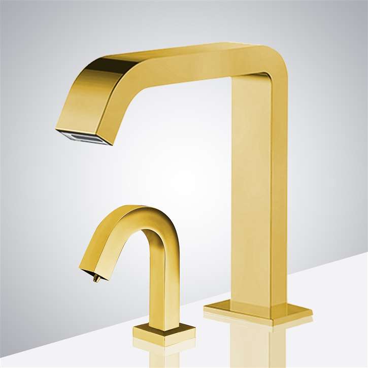 Touchless faucet and soap dispenser duo in gold