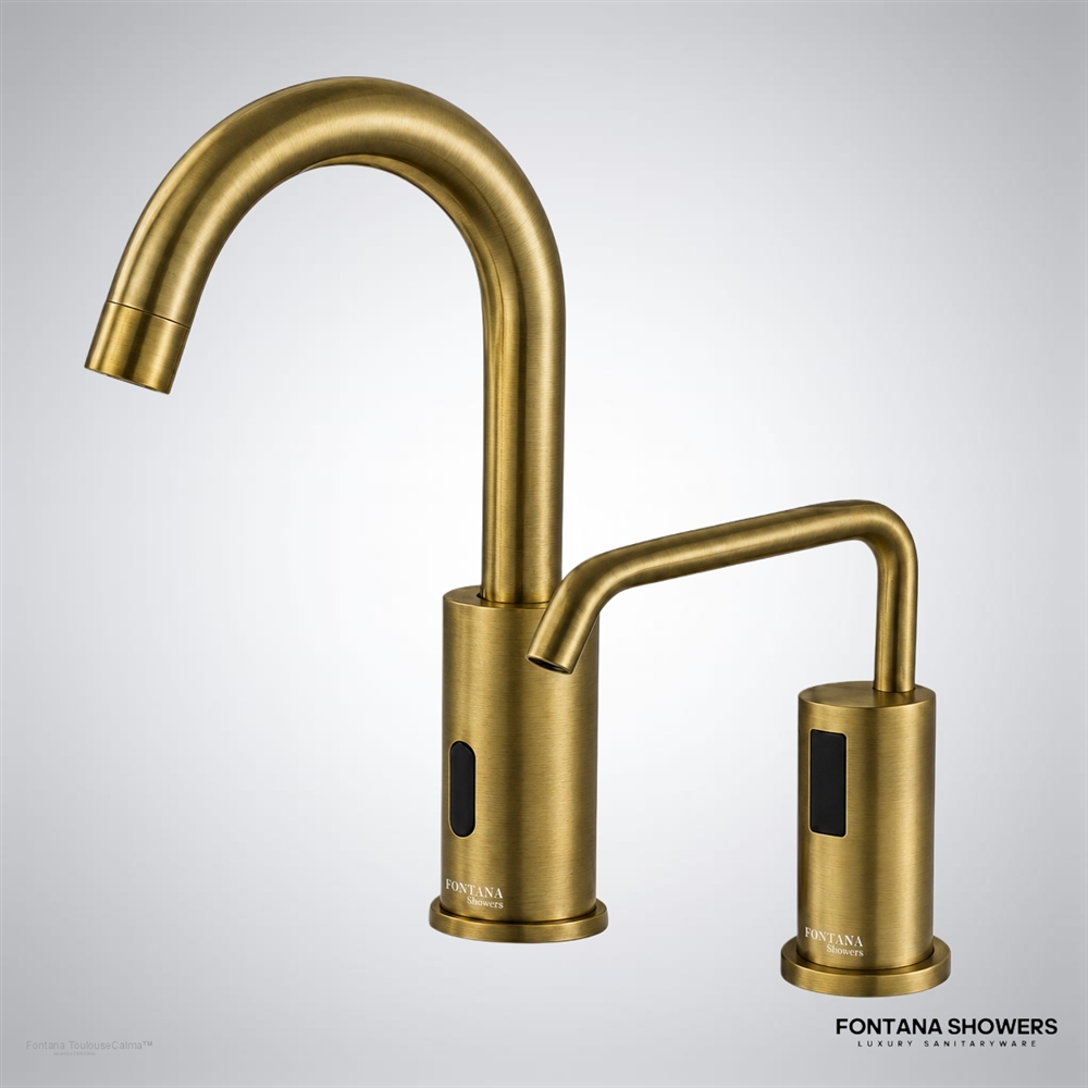 Antique brass touchless faucet and soap dispenser set