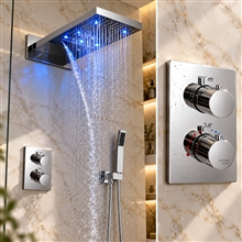 Gordola Waterfall Chrome Wall Mounted LED Rain Bathroom Shower Head Set