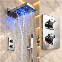Gordola Waterfall Chrome Wall Mounted LED Rain Bathroom Shower Head Set