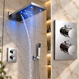 Gordola Waterfall Chrome Wall Mounted LED Rain Bathroom Shower Head Set
