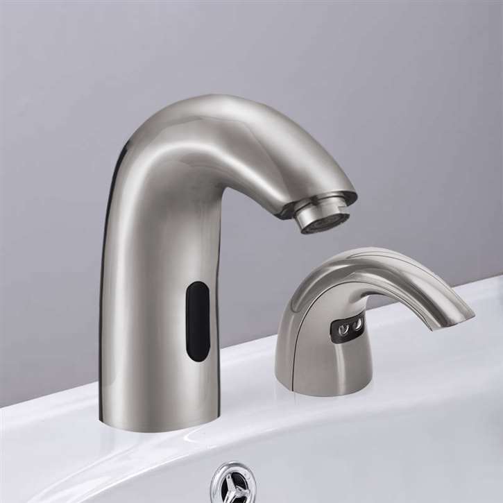 Fontana Florence Commercial Brushed Nickel Finish Sensor Faucet & Automatic Soap Dispenser For Restrooms