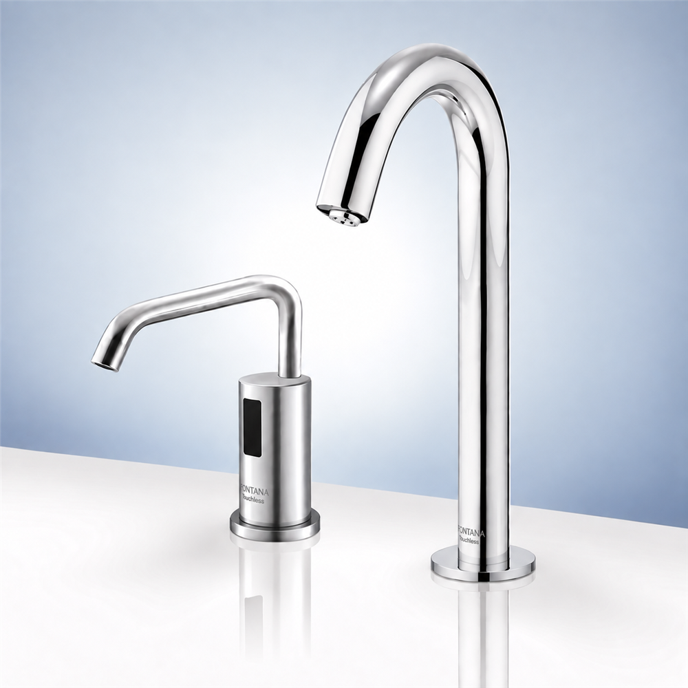 Fontana Le Havre Long Neck Commercial Motion Sensor Faucet & Automatic Deck Mount Liquid Foam Soap Dispenser for Restrooms in Chrome