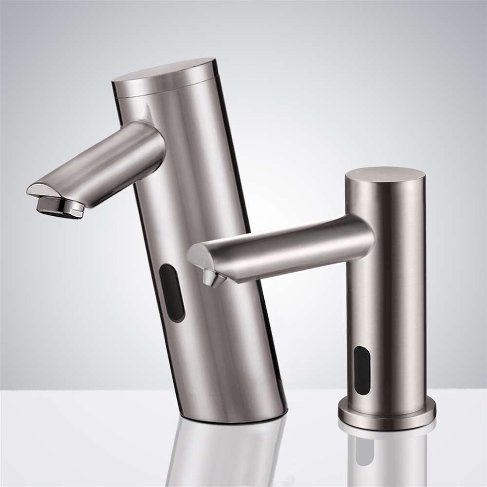Fontana Milan Solid Brass Commercial Brushed Nickel Sensor Faucet and Matching Soap Dispenser