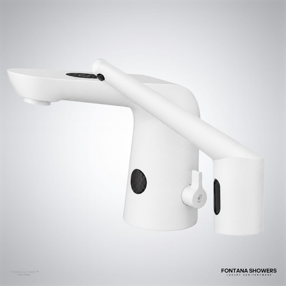 Matte white commercial sensor faucet with automatic soap dispenser