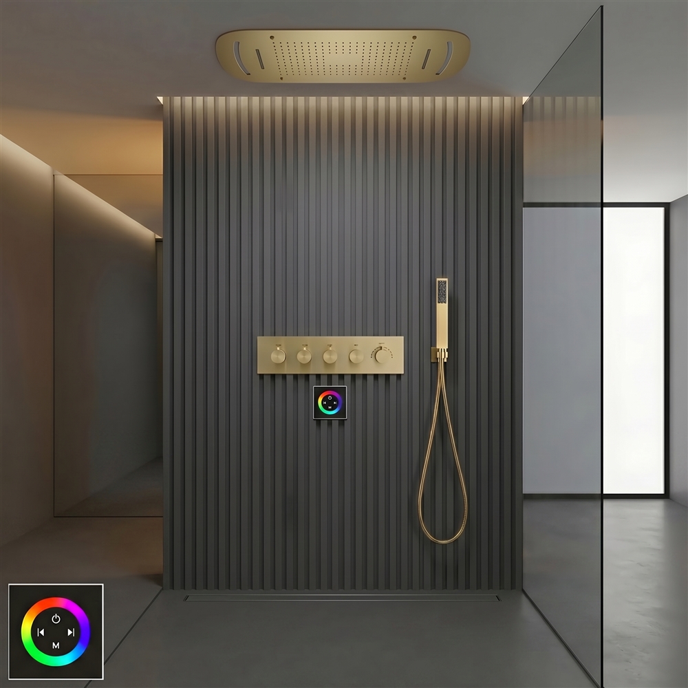 Brushed gold LED rainfall shower system
