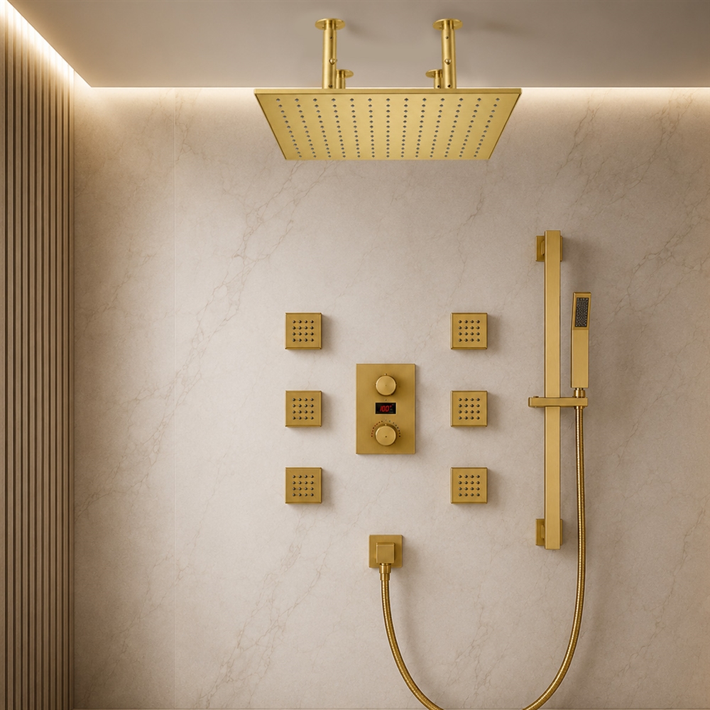 Brushed gold digital rainfall shower system