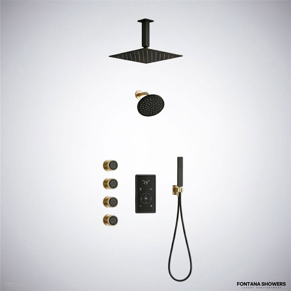 Matte black smart shower system with digital control panel