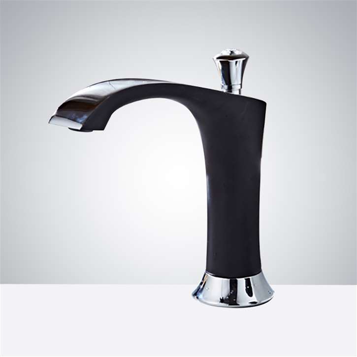 Matte black and chrome widespread automatic sensor faucet close-up