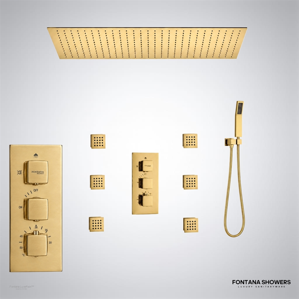 Brushed gold rainfall shower jets