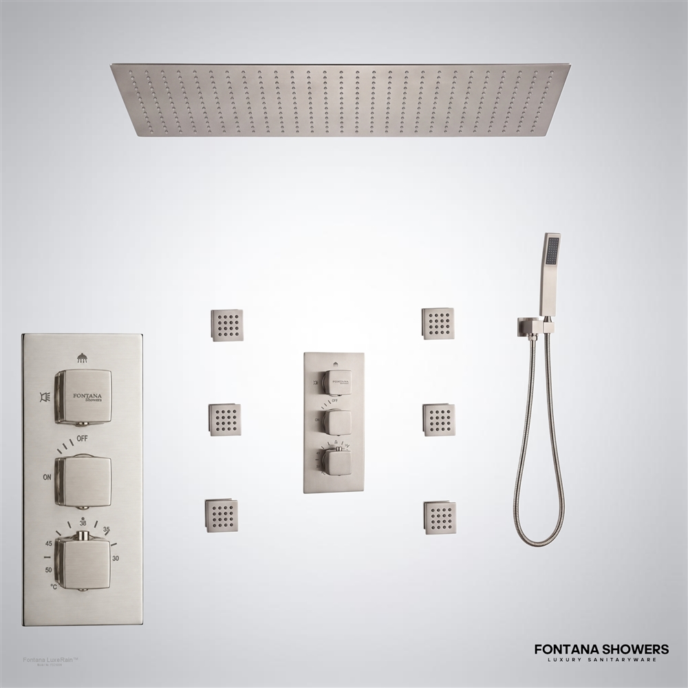 Brushed nickel ceiling rainfall shower