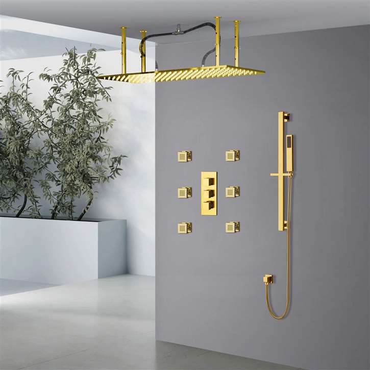 Diadema 30" * 40" Large Gold Solid Brass LED Rain Shower Head with Body Jets & Handheld Shower with LED Lighting