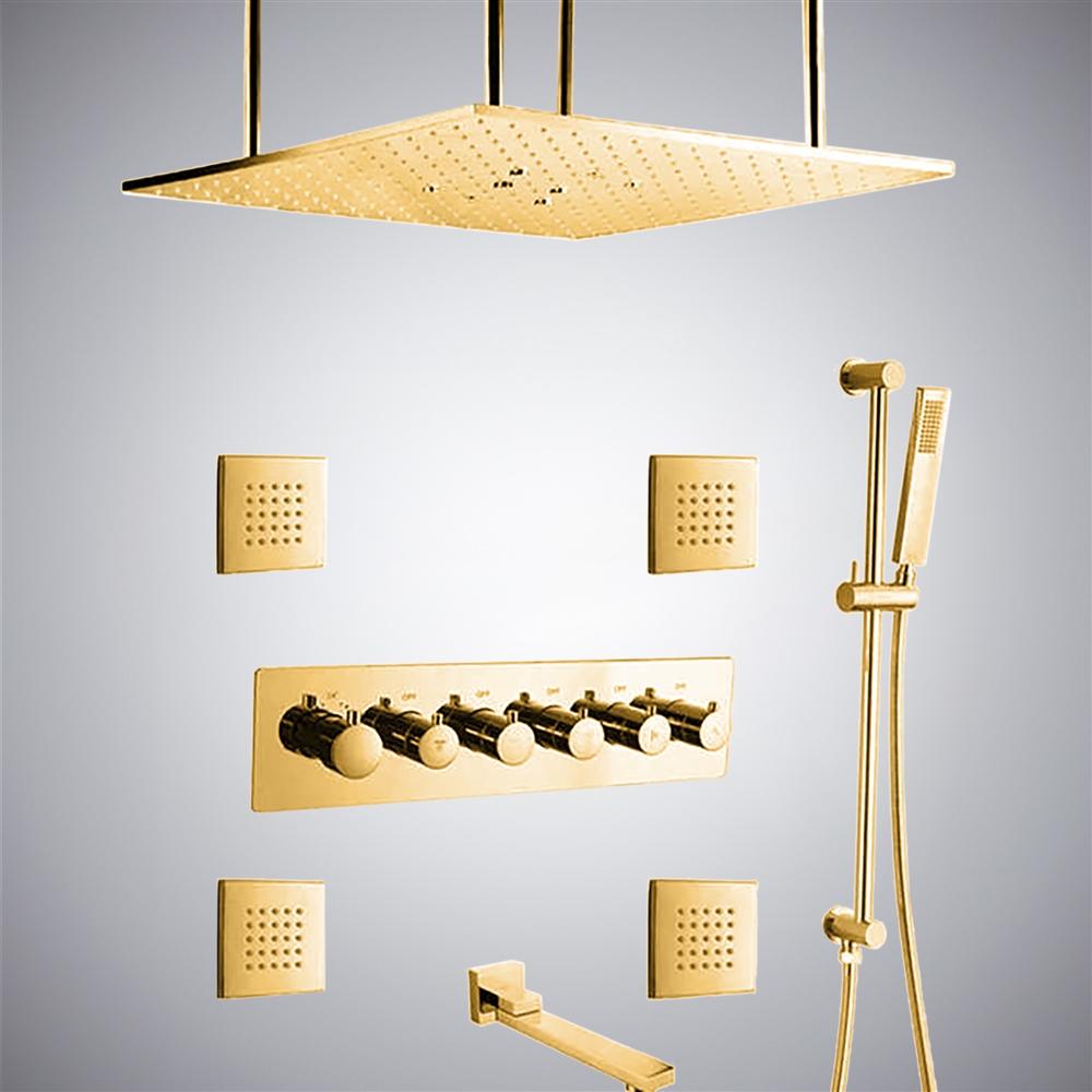 Fontana Polished Gold LED Thermostatic Ceiling Mount Rainfall Shower System Includes Hand Shower and Jetted Body Sprays