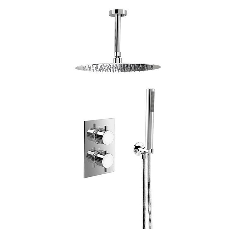 Round ceiling-mounted rainfall shower installation and overhead support planning