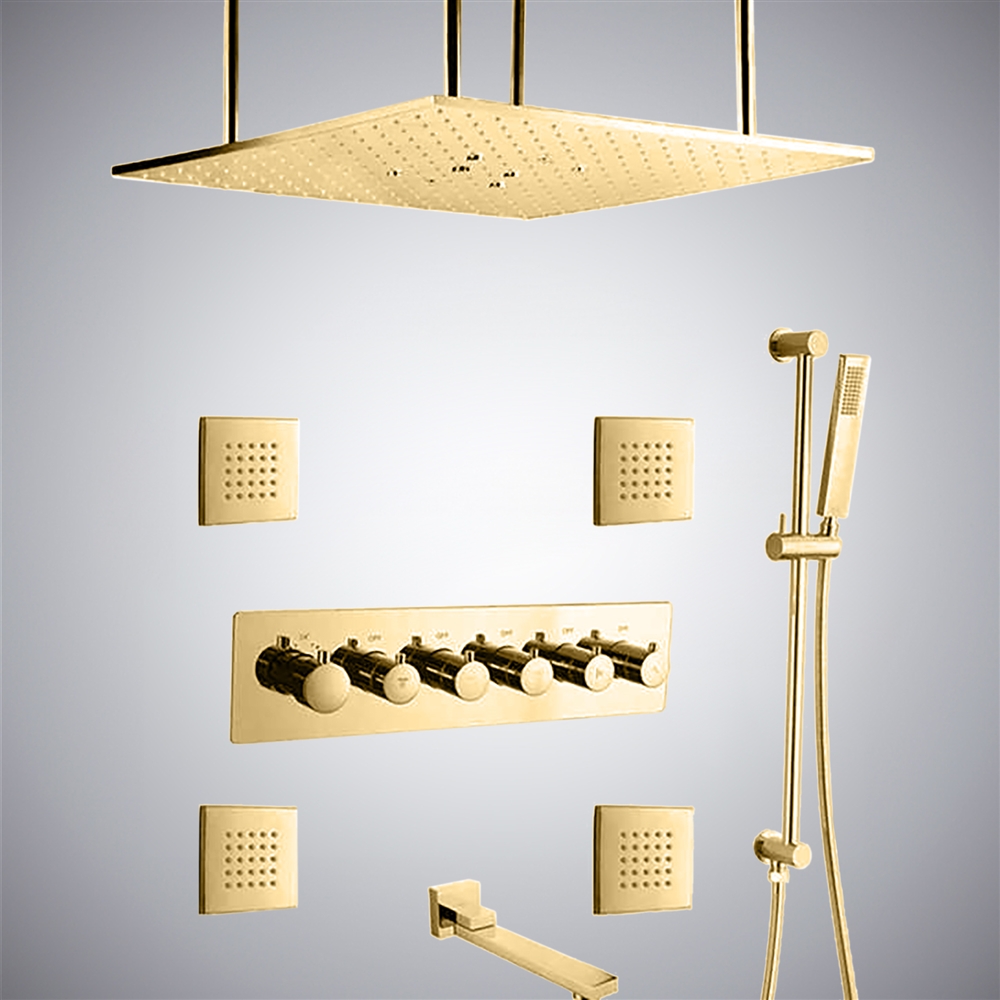Fontana Brushed Gold LED Thermostatic Ceiling Mount Rainfall Shower System with Hand Shower and Jetted Body Sprays