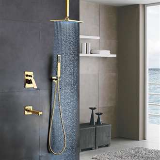 L'Aquila Brass Brushed Gold Shower Set Ceiling Mount - 3 Way Valve Mixer with Tub Spout Hand Shower