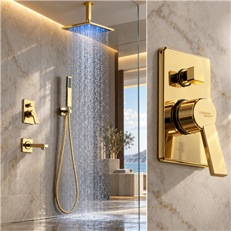 Fontana L'Aquila Brass Gold-Tone Shower Set Ceiling Mount FS3561BH with LED Lighting