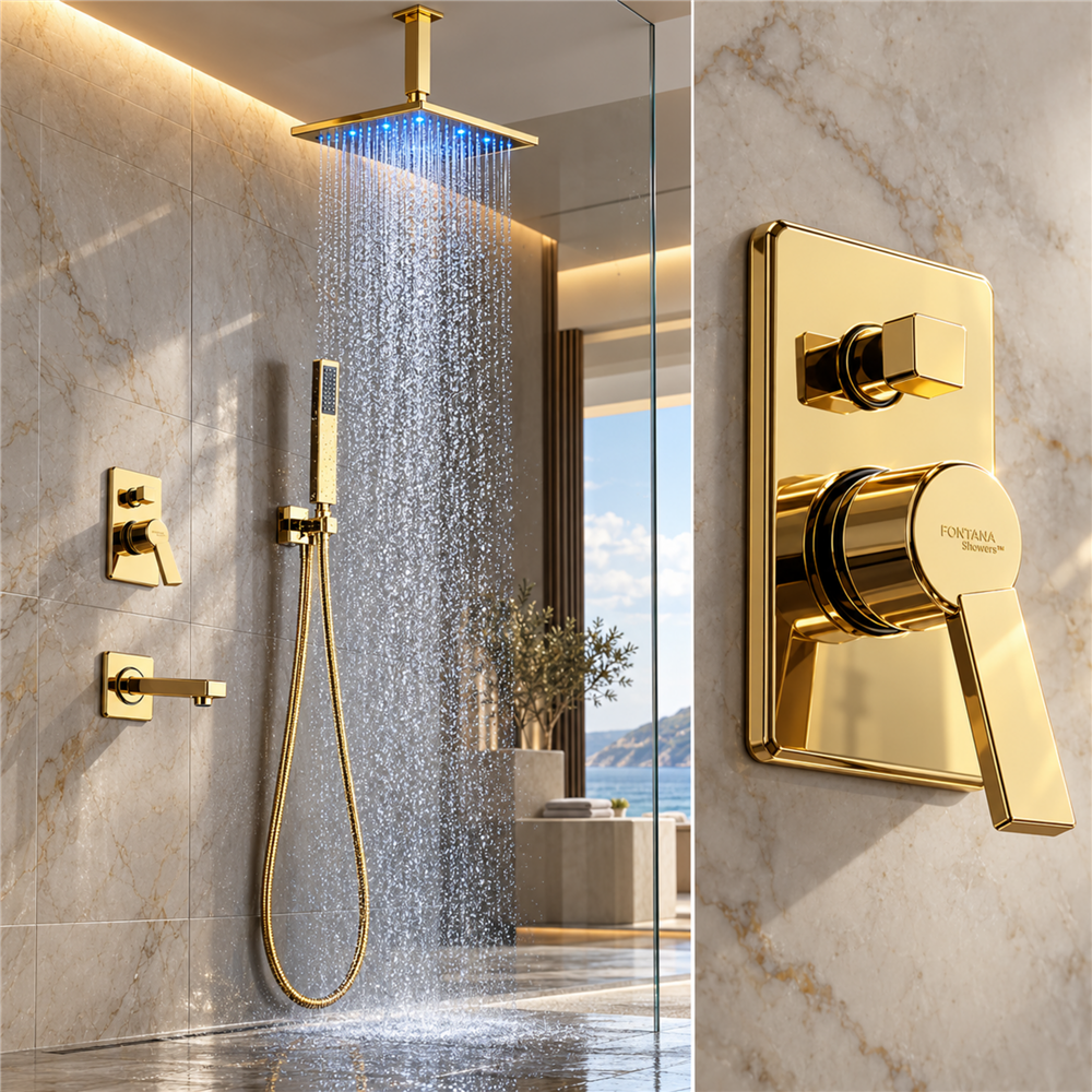 Fontana L'Aquila Brass Gold-Tone Shower Set Ceiling Mount FS3561BH with LED Lighting