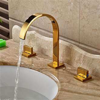 Chile Gold Finish Long Neck Dual Handle Deck Mount Bathroom Grohe vs Fontana Sink Faucet 
