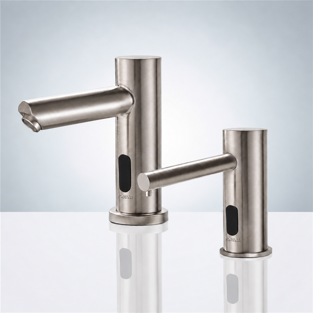 Fontana Commercial Brushed Nickel Finish Automatic Bathroom Sink Faucet and Soap Dispenser