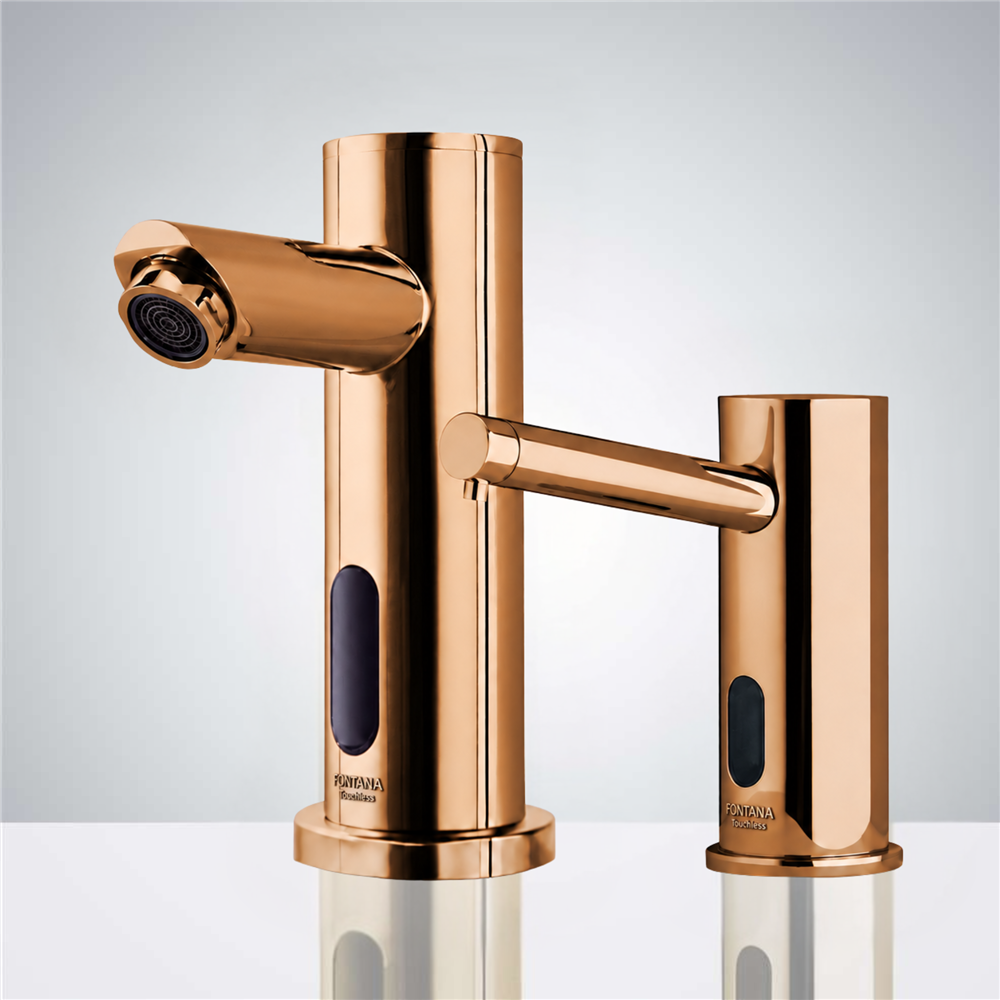 Fontana Commercial Rose Gold Finish Automatic Bathroom Sink Faucet and Soap Dispenser