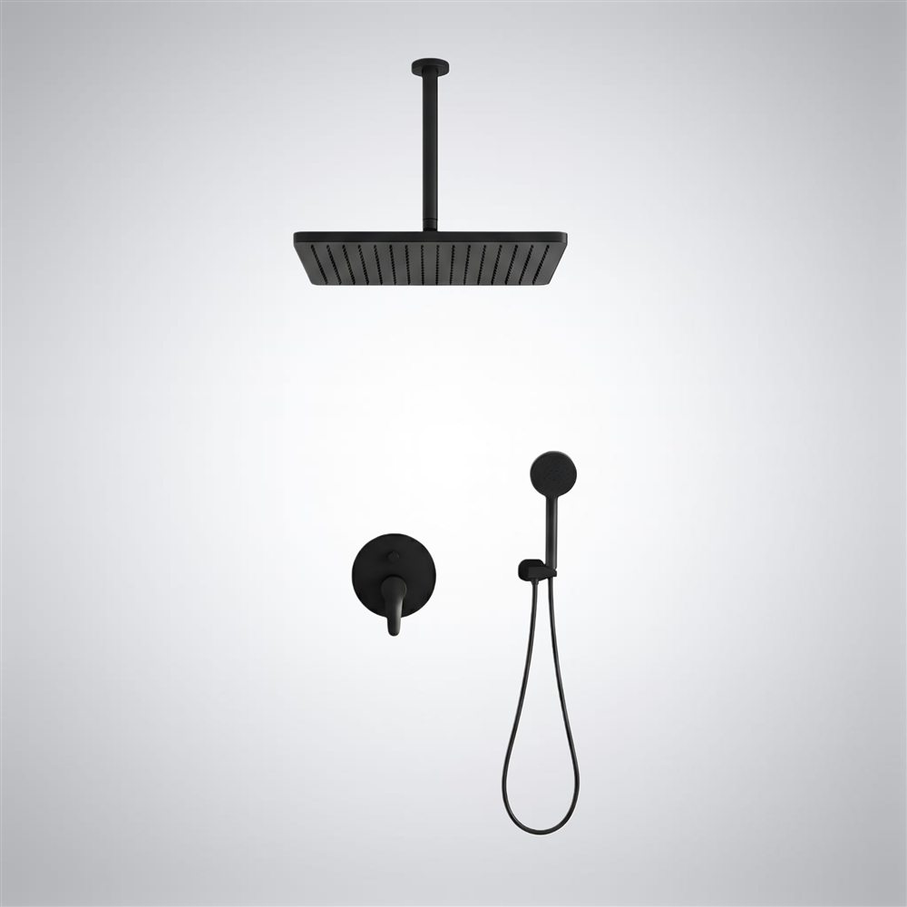 Matte black ceiling rainfall shower