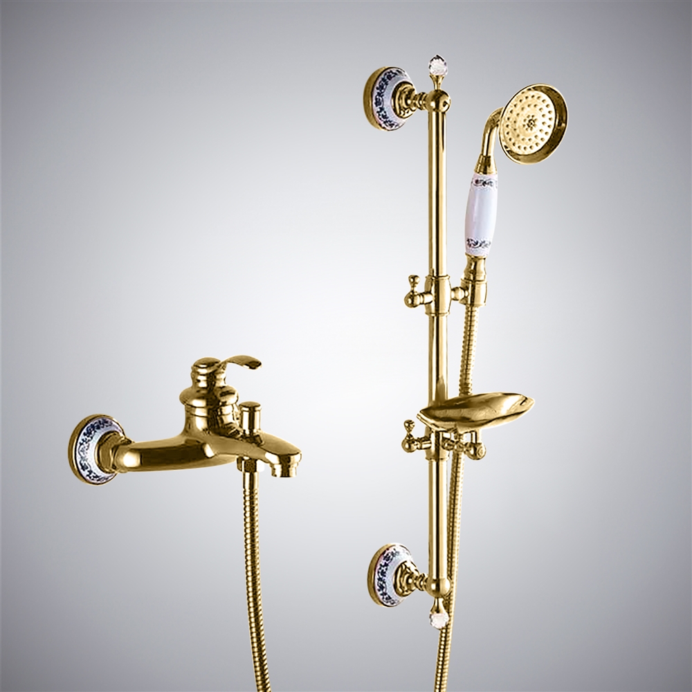 Fontana Sassari Wall Mount Brushed Gold Shower Set With Soap Dish