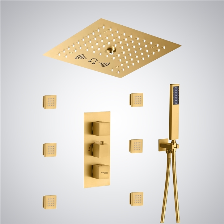 Fontana Mayotte Ceiling Mounted Brushed Gold LED & Music Shower Set
