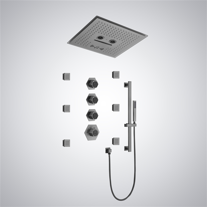Fontana Serein Modern Music and LED Thermostatic Shower Set in Gun Metal Gray Finish