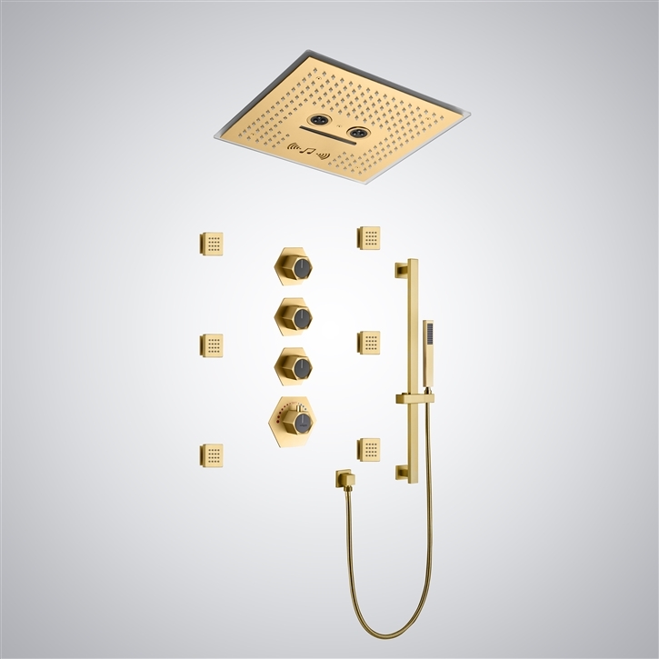 Fontana Iseo Ceiling Mounted LED & Musical Shower Set in Brushed Gold Finish