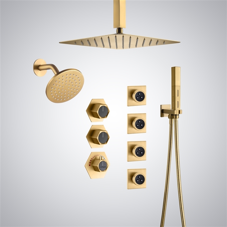 Fontana Oliva Elegant Thermostatic Shower Set In Brushed Gold Finish