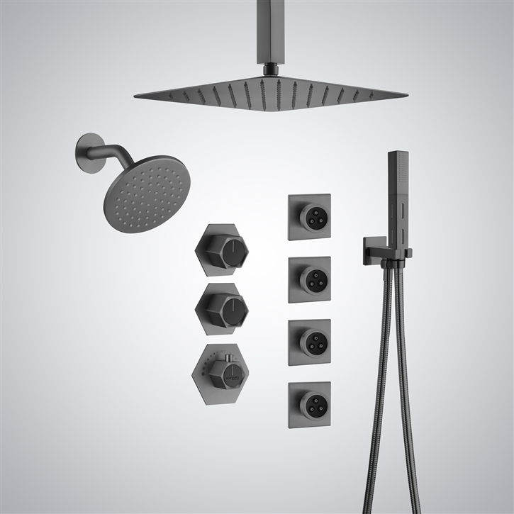 Fontana Oliva Minimalist Design Thermostatic Shower Set In Gun Metal Grey Finish