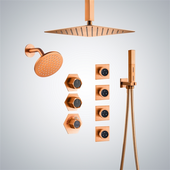 Fontana Oliva Timeless Stainless Steel Thermostatic Shower Set In Rose Gold Finish