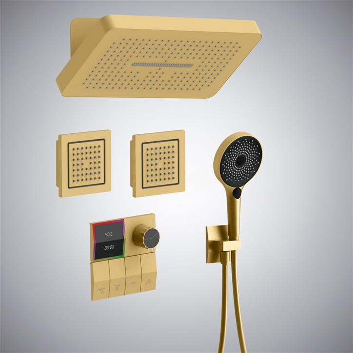 Fontana Guspini Multifunctional Brushed Gold Finish Rainfall Shower Set With Digital Display Mixer