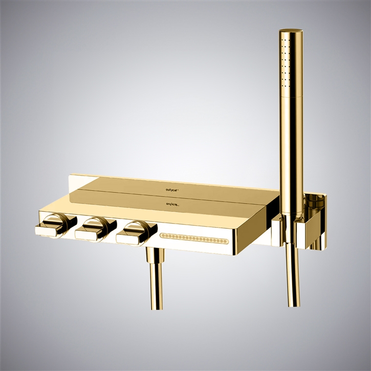 Fontana Dervio Luxe Brushed Gold Waterfall Bathtub Faucet With Handheld Rain Shower