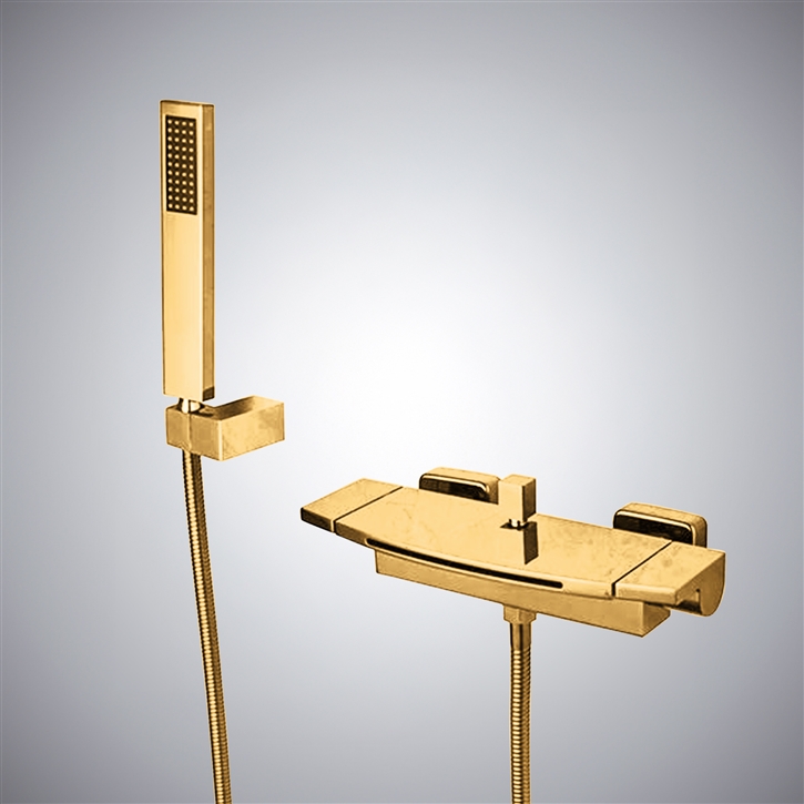 Fontana CehegÃ­n Classy Ultra-thin Gold Waterfall Bathtub Faucet With Rain Handshower