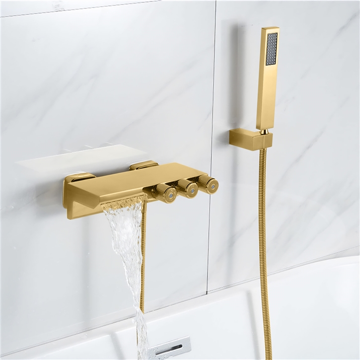 Fontana Estepa Sophisticated Brushed Gold Triple Knob Bathtub Faucet With Handshower