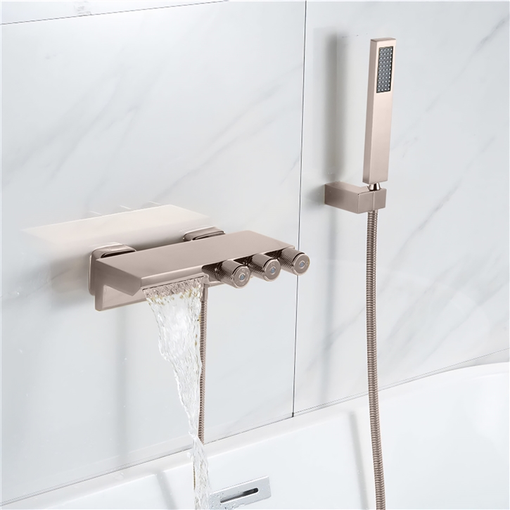 Fontana Estepa Minimalist Design Brushed Nickel Waterfall Bathtub Faucet With Rain Handshower