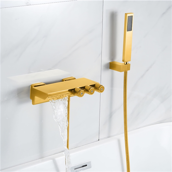 Fontana Estepa Sleek Gold Finish Waterfall Bathtub Faucet With Rain Handshower
